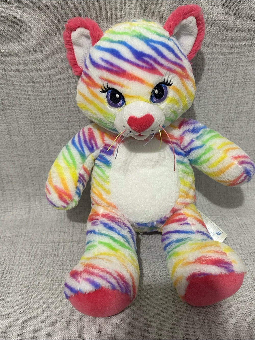 Build-A-Bear Rainbow Striped Cat Plush Heart Nose Stuffed Animal
